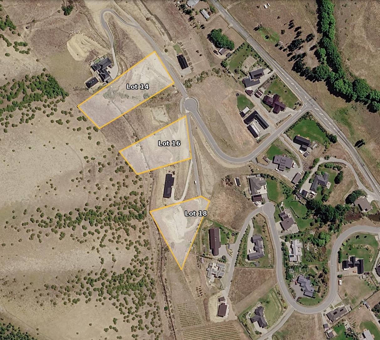 Aerial plan showing the boundaries of Lot 14, Lot 16, and Lot 18 at Lowburn Terraces