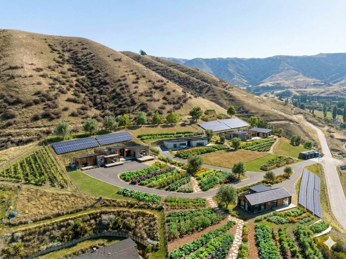 Artist's impression of Lot 16 and Lot 18 built out together, showing north-east facing homes with roofline and ground-mounted solar, vineyard, vegetable gardens and fruit trees