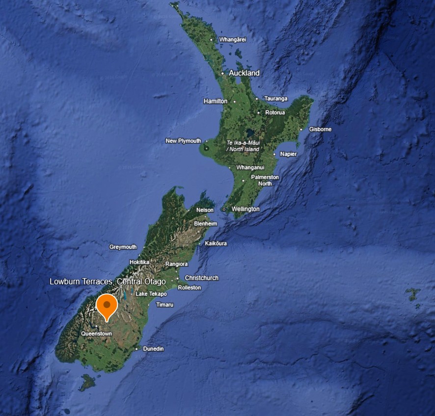 Map of New Zealand showing the location of Lowburn Terraces, Central Otago, near Cromwell